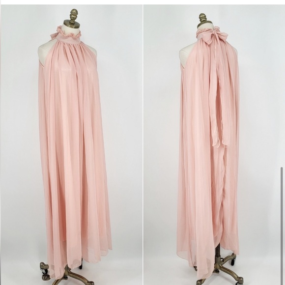 Vintage Handmade Maxi Dress Sleeveless High Neck Ruffled Bow Blush Pink - Picture 5 of 5